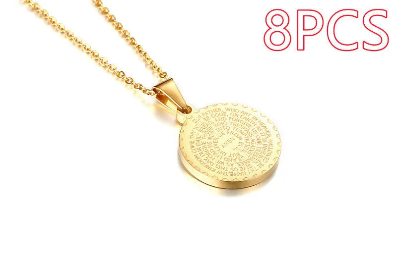 Premium stainless steel pendant with sparkling rhinestones and engraved English Scripture