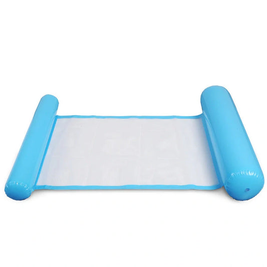 Inflatable water lounge chair in blue, floating in pool with hammock-style design