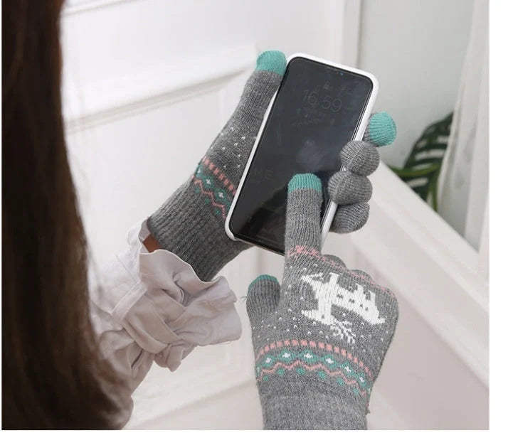 Women's deer and snowflake knitted winter gloves with touch screen functionality