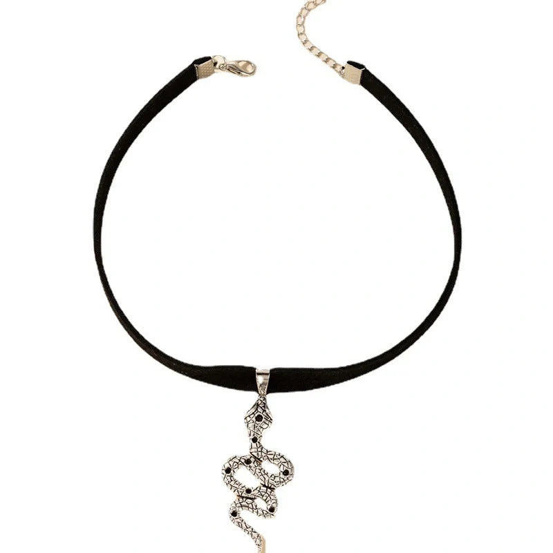Witchy Gothic Grunge Velvet Choker Necklace in silver and gold with baroque snake design