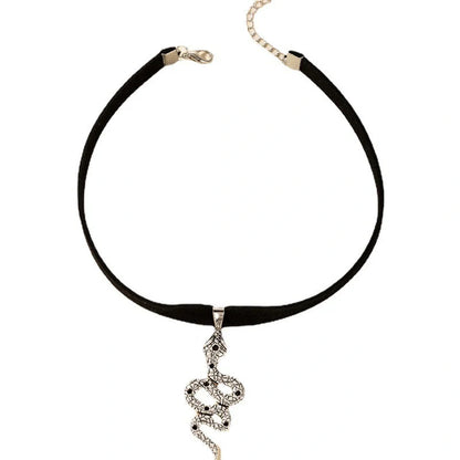 Witchy Gothic Grunge Velvet Choker Necklace in silver and gold with baroque snake design