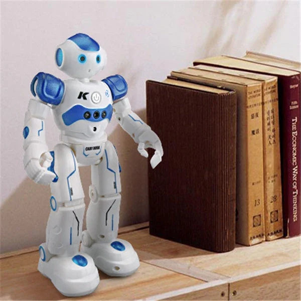 Remote-controlled dancing robot toy with gesture-sensing controls, preprogrammed songs and dances, and customizable programming capabilities