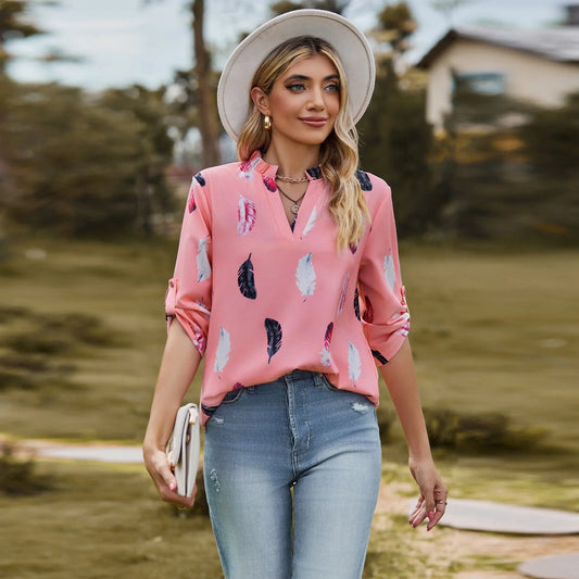 V-neck feather printed loose shirt in various colours