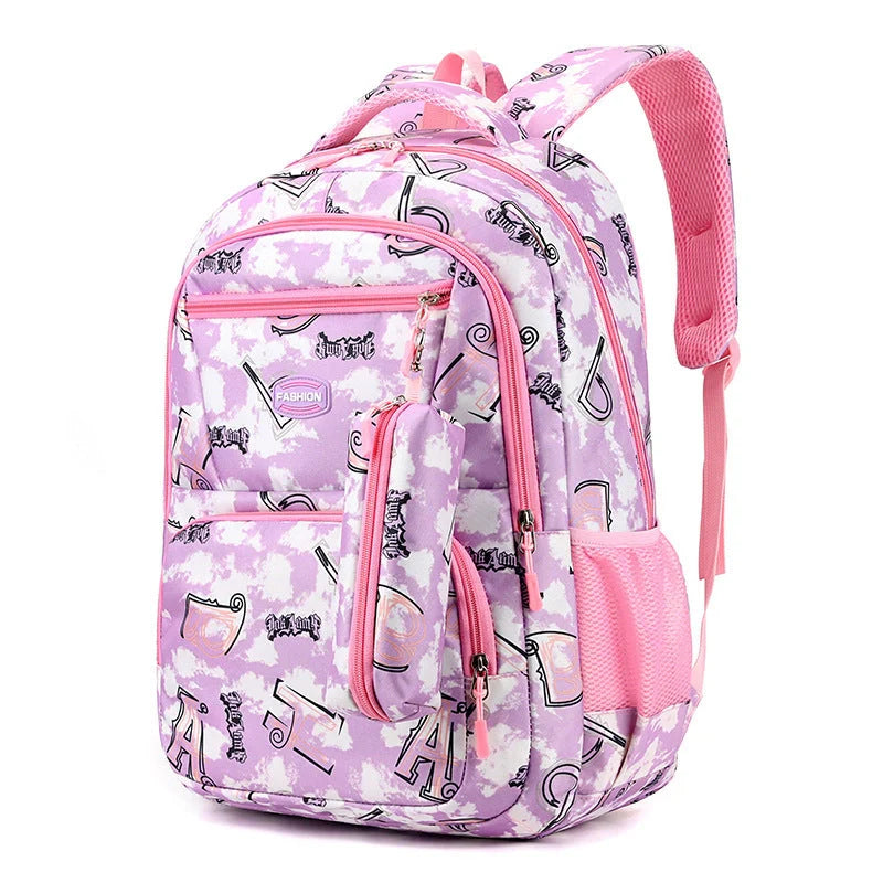 Letter print backpack with pencil case for primary school students in various colours