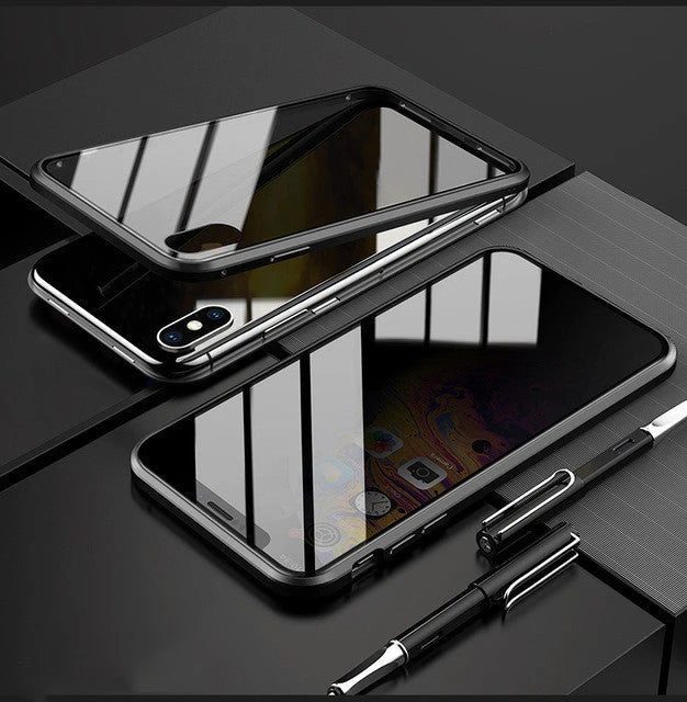 Sleek magnetic privacy phone case with tempered glass protection, compatible with various iPhone models
