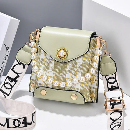 Premium crossbody phone bag with elegant pearl charm, made of durable PU leather and available in multiple color options
