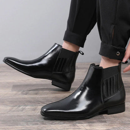 Stylish pointed toe Chelsea boots for men in black and brown colors, featuring a square heel and British-inspired design.