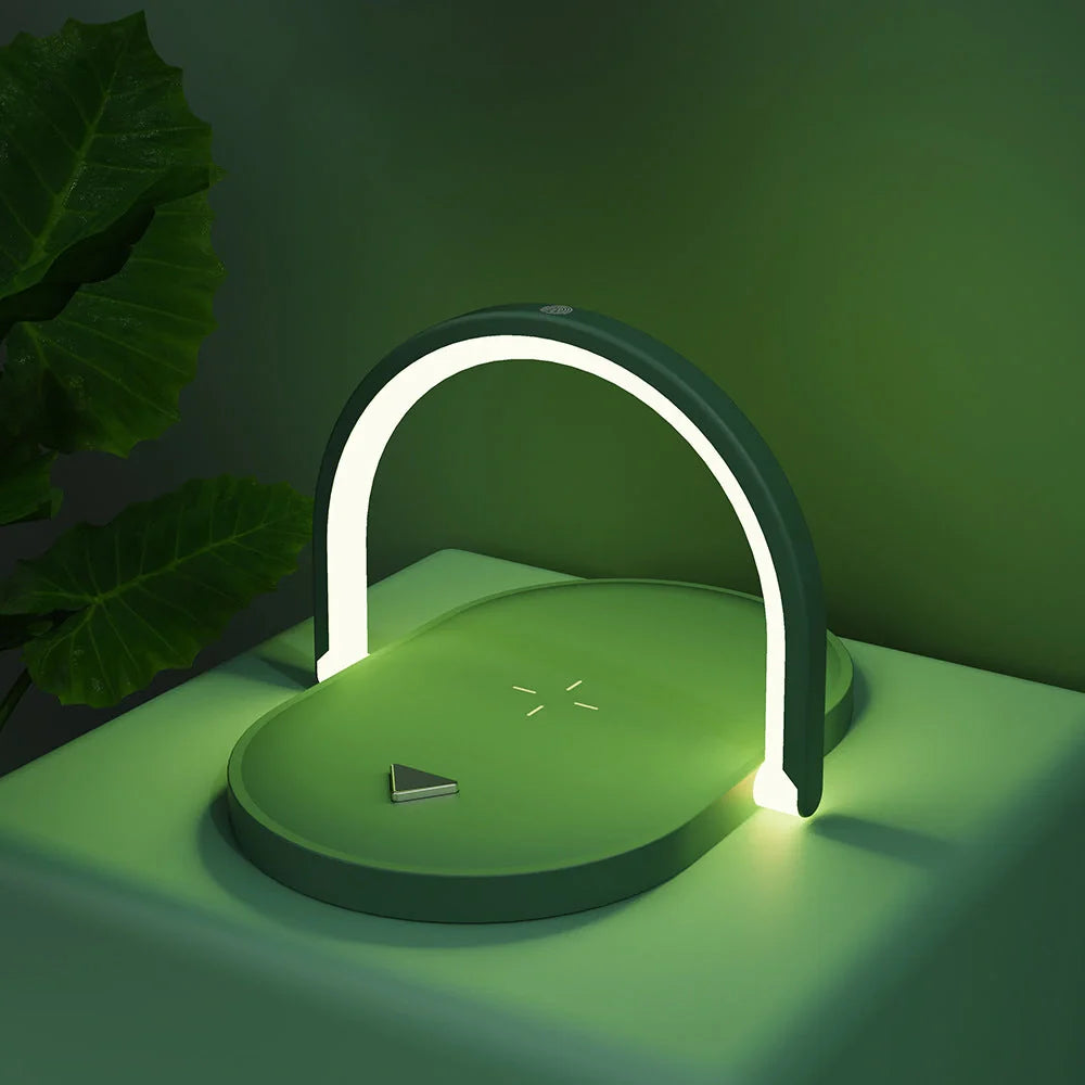 Foldable Wireless Charger with adjustable LED night light in white, black, green, and wood grain