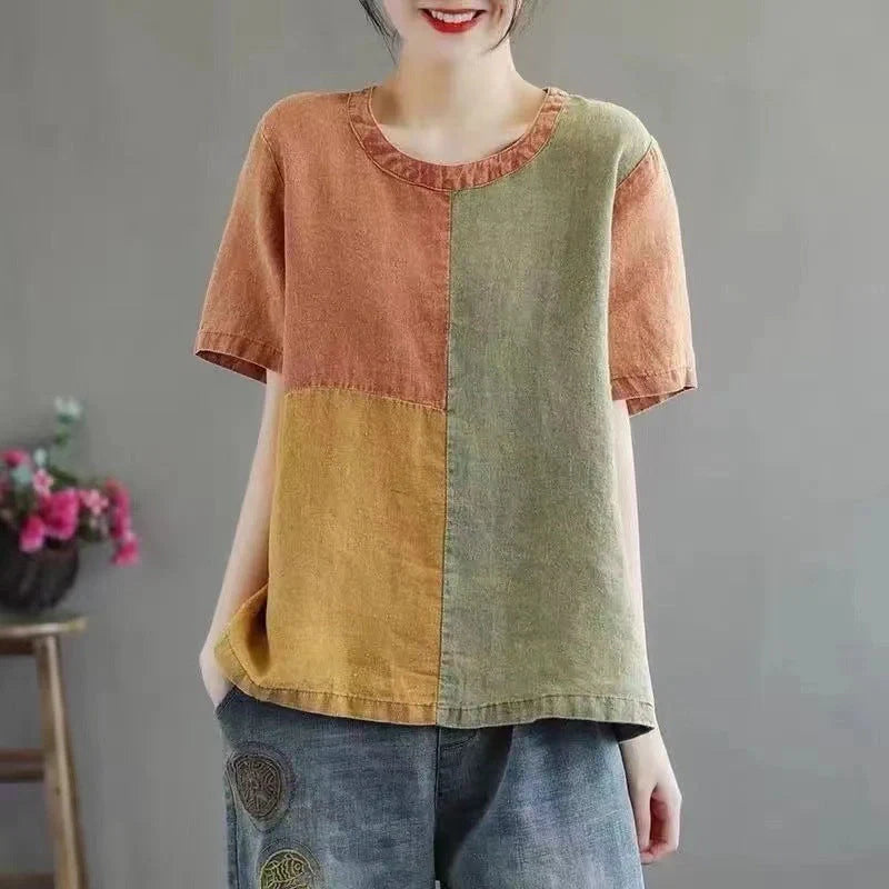 Women's cotton linen artistic contrast colour t-shirt for casual wear