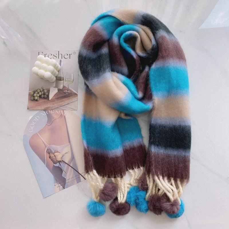 Vibrant rainbow mohair tassel scarf for warmth and style