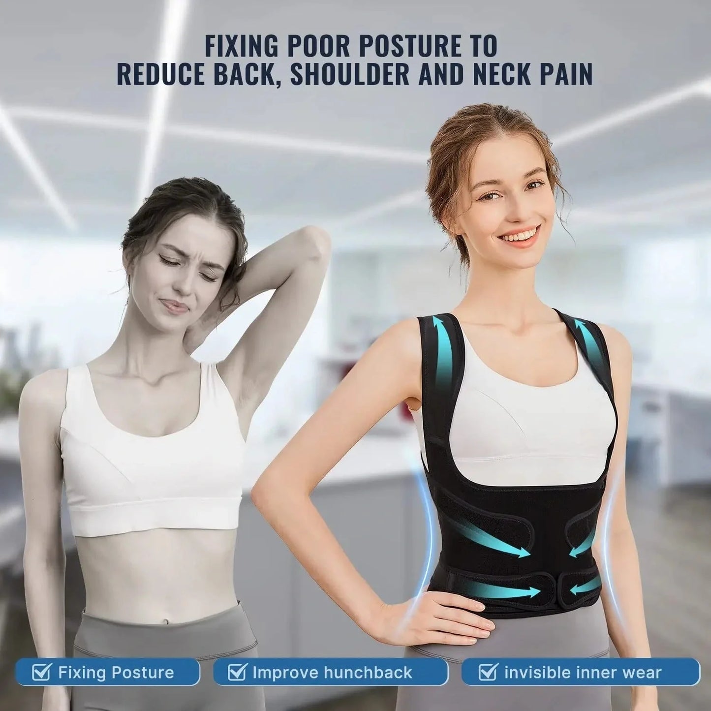 Invisible Back Posture Correcting Support Belt in Black with Breathable Mesh Design