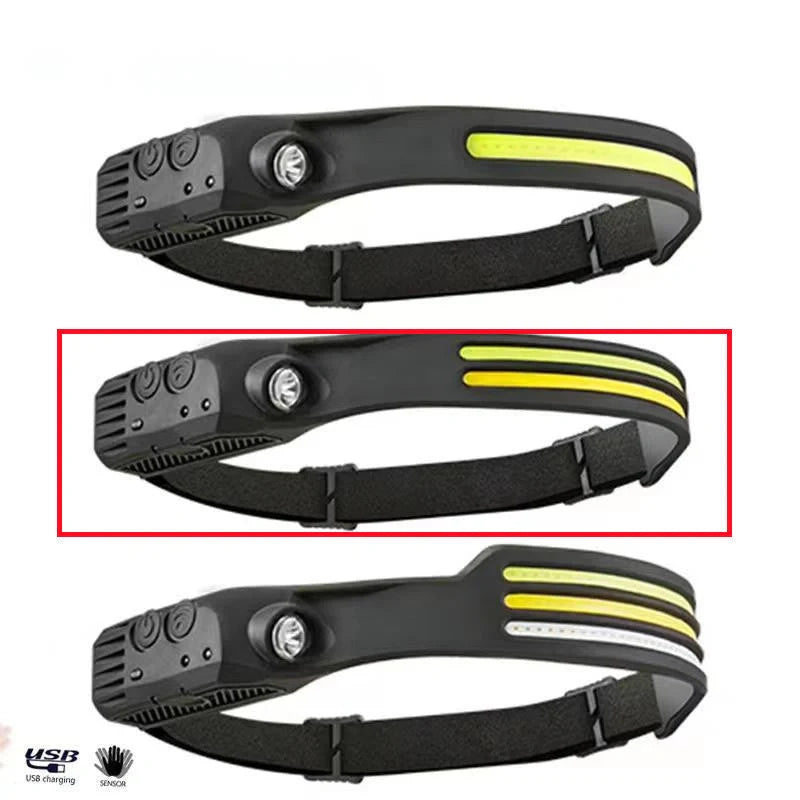USB Rechargeable LED Induction Headlamp for camping and night riding with adjustable strap