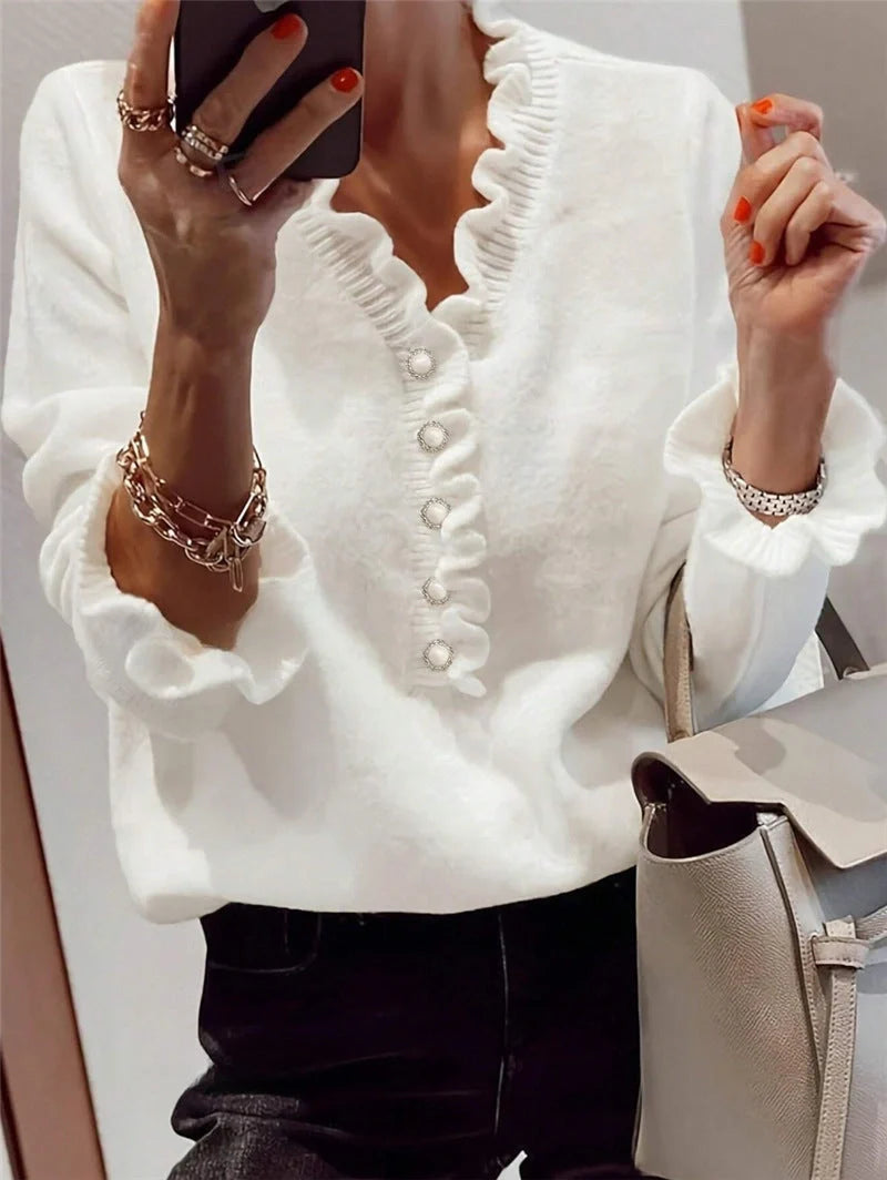 Stylish V-Neck Ruffled Knit Jumper in Black and White Colours for Women