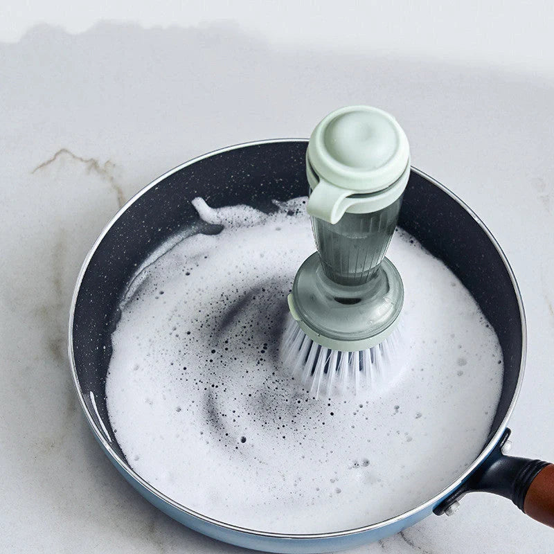 Pot brush with soap dispenser in milk white and mint green options