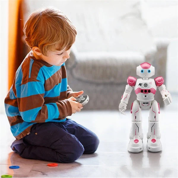 Remote-controlled dancing robot toy with gesture-sensing controls, preprogrammed songs and dances, and customizable programming capabilities