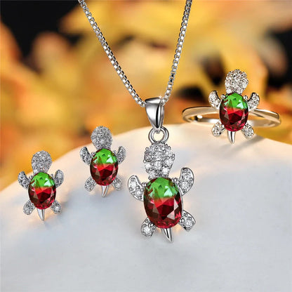 Stylish turtle pendant necklace with vibrant rainbow stones, perfect for women and children.