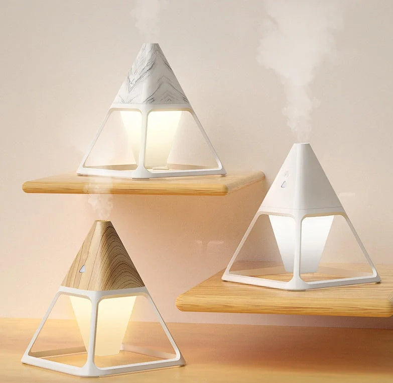 Portable USB air humidifier with night light in white, marble, and wood grain finishes