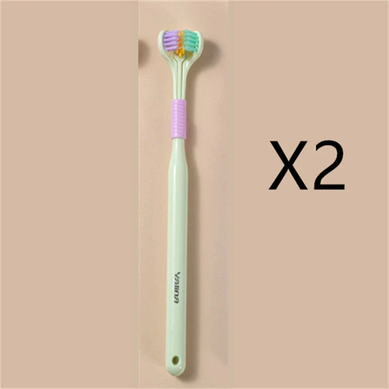 Soft bristle toothbrush with 3-sided brush head for thorough dental cleaning
