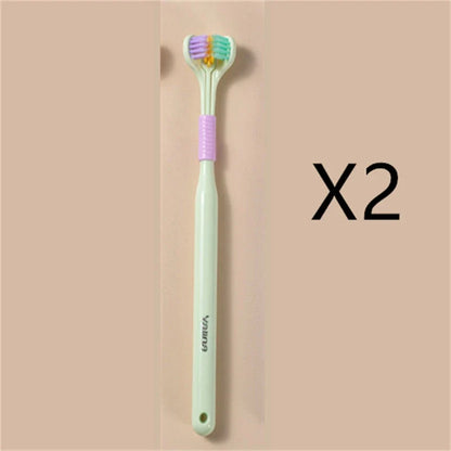 Soft bristle toothbrush with 3-sided brush head for thorough dental cleaning