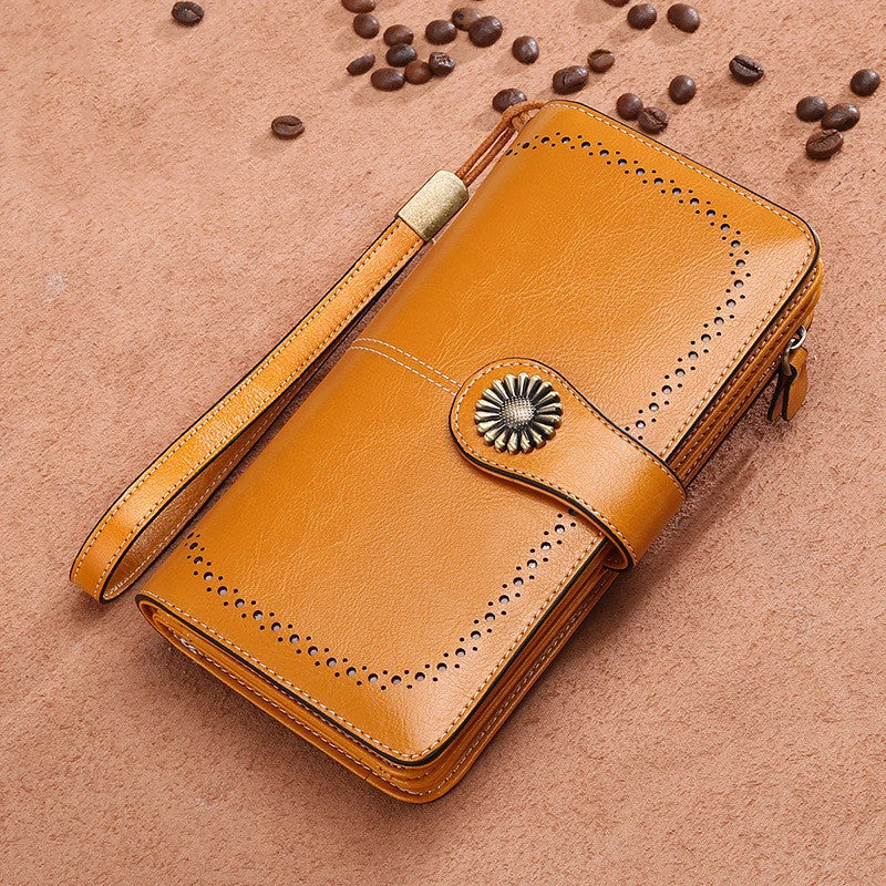 Premium leather wallet for women with zipper closure, card slots, and stylish design