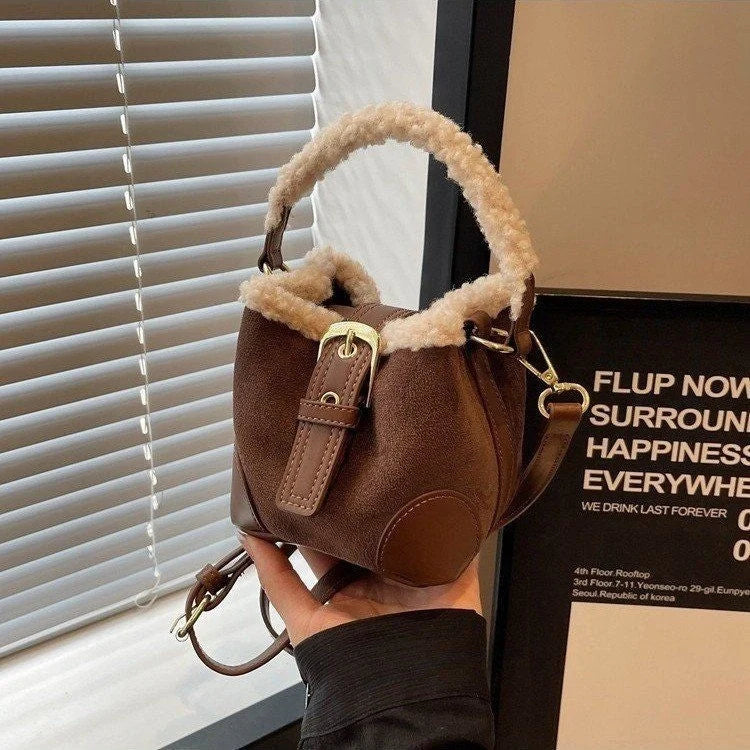 Retro plush crossbody bag for women in black, brown, coffee, and khaki