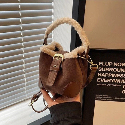 Retro plush crossbody bag for women in black, brown, coffee, and khaki
