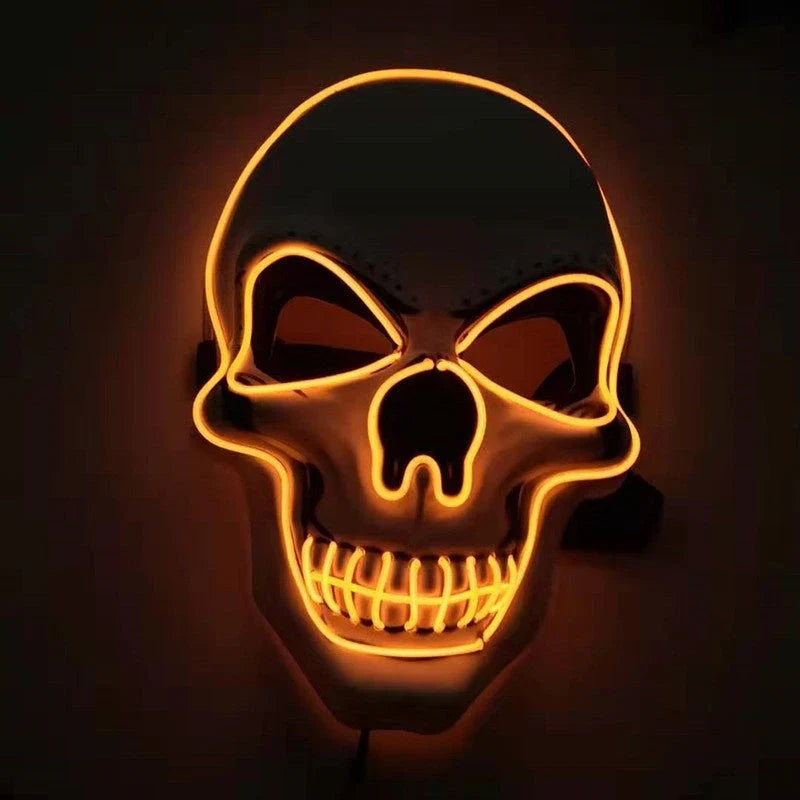 A glowing skull-shaped Halloween mask with adjustable straps and three lighting modes: constant, slow flash, and rapid pulse
