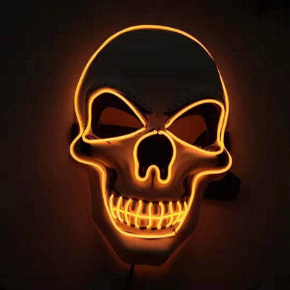 A glowing skull-shaped Halloween mask with adjustable straps and three lighting modes: constant, slow flash, and rapid pulse