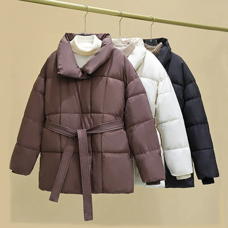 Women's Warm Lapel Plaid Coat with Belt in Black, White, and Brown