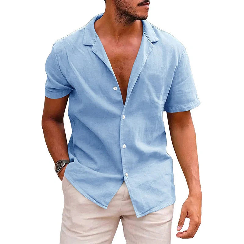 Men's casual linen-cotton blend short sleeve button-down shirt in various colours