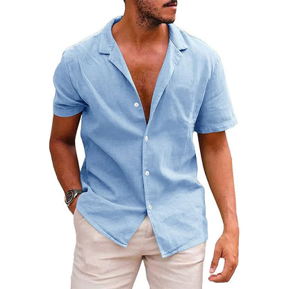 Men's casual linen-cotton blend short sleeve button-down shirt in various colours