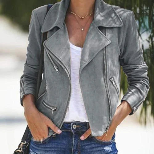 A stylish tailored jacket with a diagonal zipper, available in multiple colours and sizes