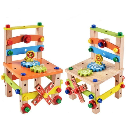Premium quality wooden building block chair toy for children, featuring smooth surfaces and innovative nut-based assembly system for endless creative possibilities.