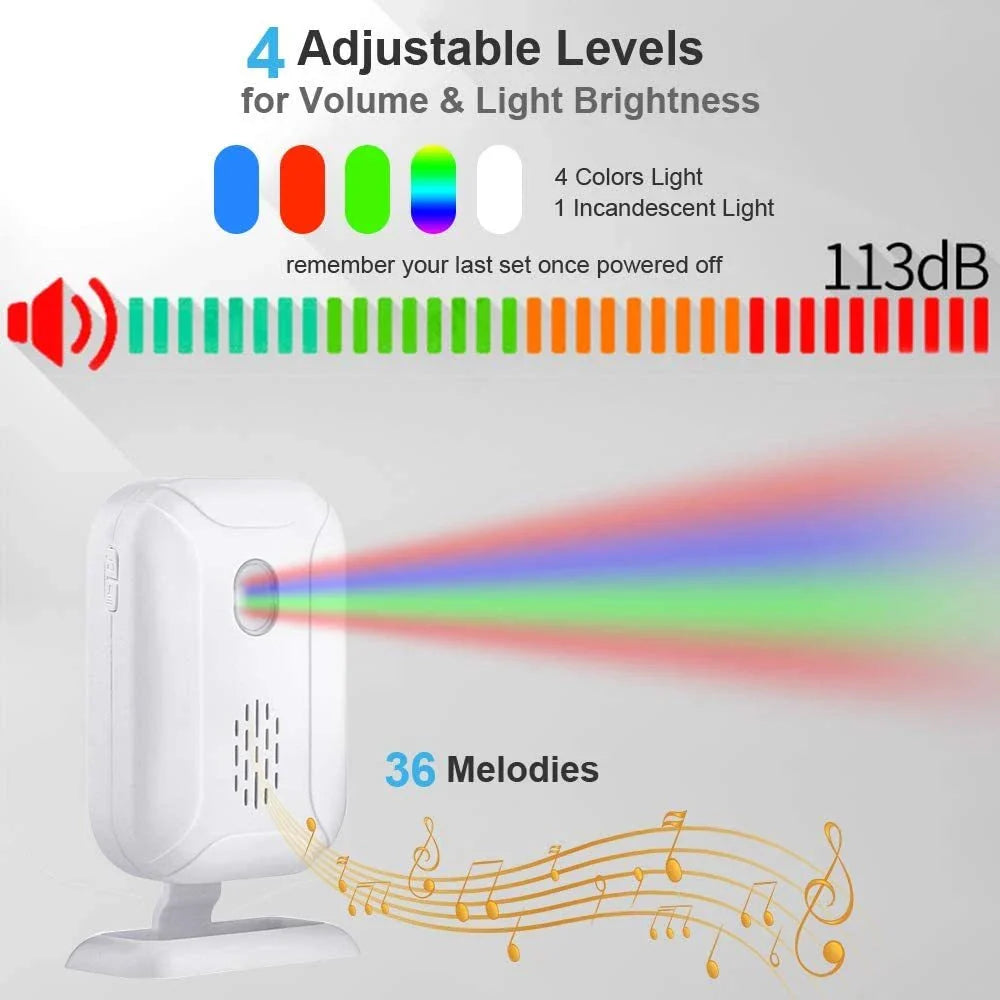 Wireless doorbell chime with 280-metre range, vibrant LED lights, and customisable settings for home and business security