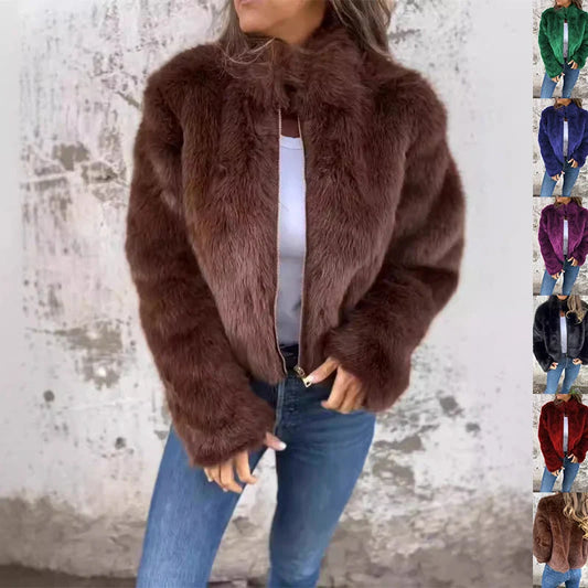 Women's winter stand collar zipper fleece jacket in faux fur, available in multiple colours