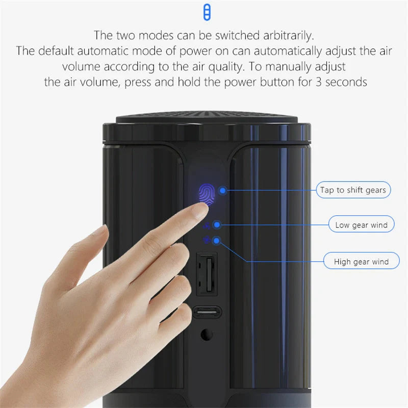 Compact car air purifier with HEPA technology in black, navy blue, rose gold, and dark grey