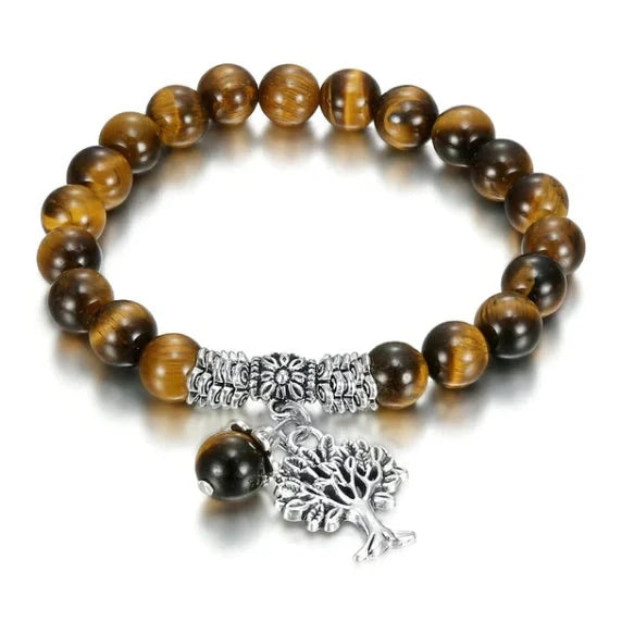 Tree of Life Natural Tiger's Eye Stone Bracelet with ancient silver plating