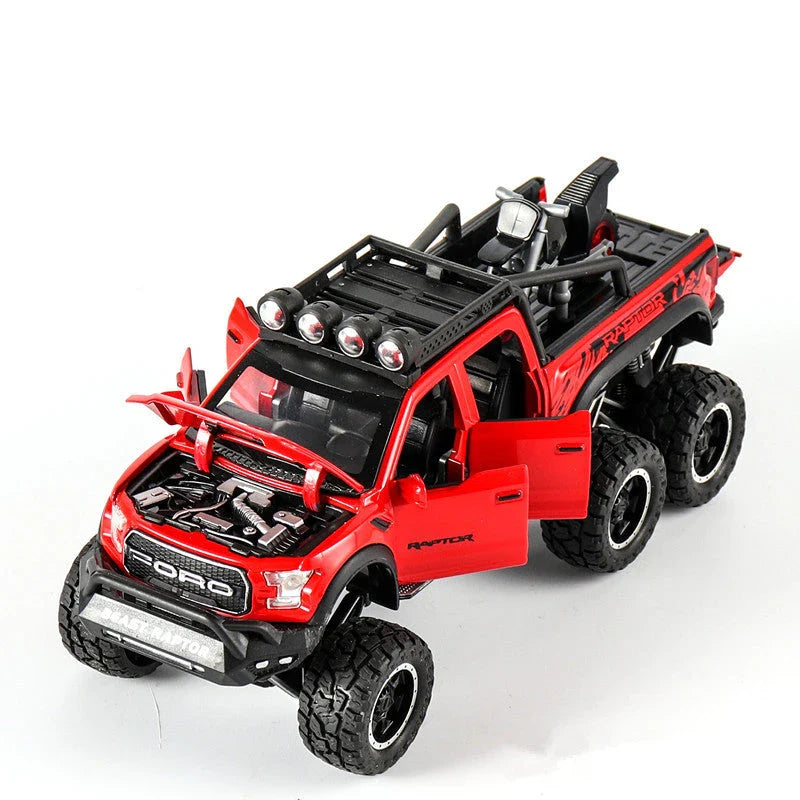 Exquisite 1:28 scale Ford off-road alloy toy car with simulated sound and light effects, damping spring, and six functional doors