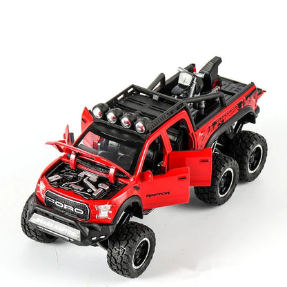 Exquisite 1:28 scale Ford off-road alloy toy car with simulated sound and light effects, damping spring, and six functional doors