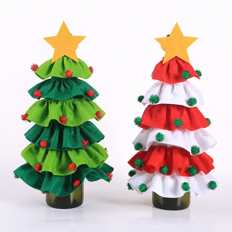 Christmas wine bottle cover with tree and ball decorations in red and green