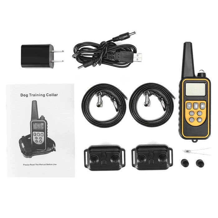 Remote-controlled anti-bark dog training collar with adjustable settings and 800-yard range