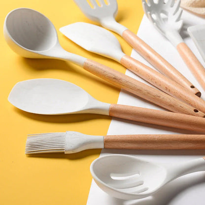 Premium silicone cooking utensil set with marble-patterned wooden handles for a stylish and heat-resistant kitchen accessory