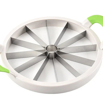 Premium stainless steel watermelon slicer with ergonomic non-slip handles for easy, precise fruit preparation