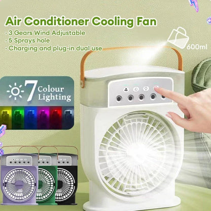 Compact USB-powered evaporative air cooler with 7-color mood lighting, portable design, and powerful fan for personal climate control