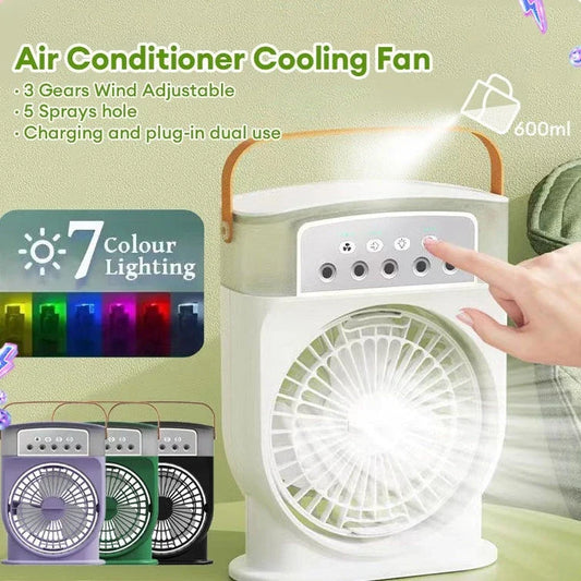 Compact USB-powered evaporative air cooler with 7-color mood lighting, portable design, and powerful fan for personal climate control
