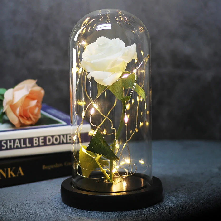 Enchanted Forever Rose in Glass LED Light decoration with realistic rose and wooden base