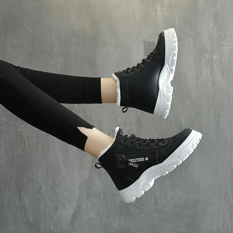 Winter fleece lace-up boots with artificial short plush lining in black, khaki, and white