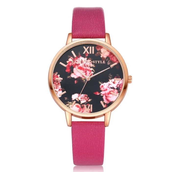 Rose gold quartz wrist watch with leather strap for women