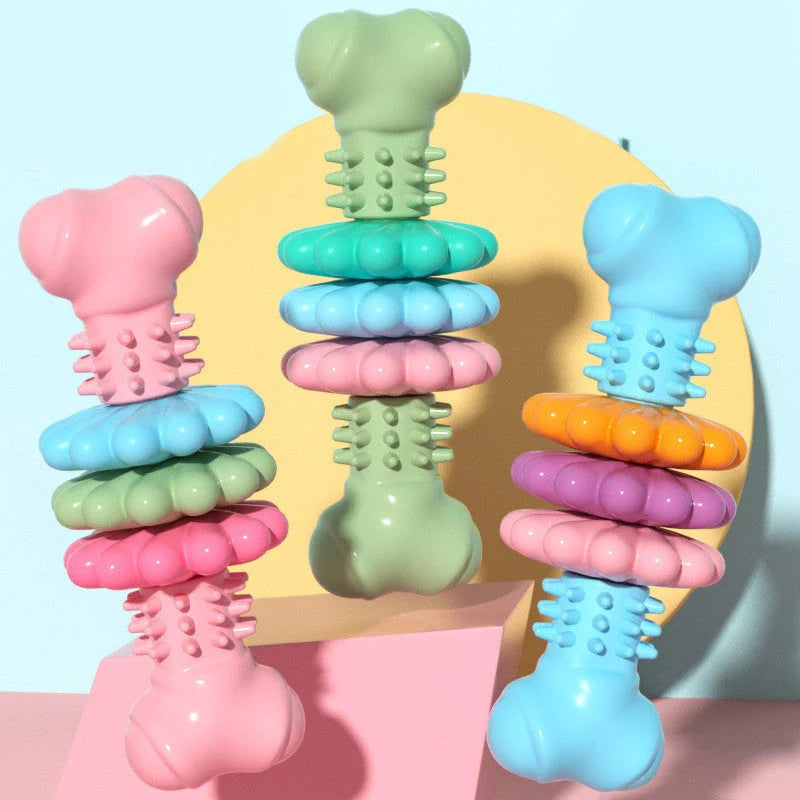 TPR dog chew toy bone shape in blue, pink, and green for teeth cleaning and stress relief