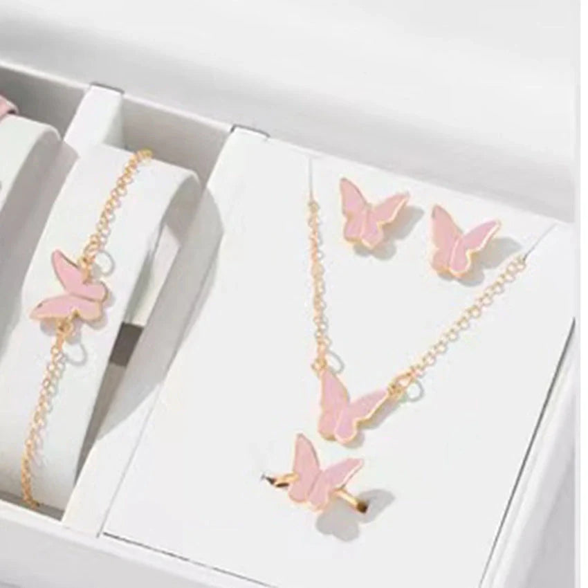 5PCS Fashion Butterfly Pendants Necklace Earrings Ring Bracelet Sets For Women